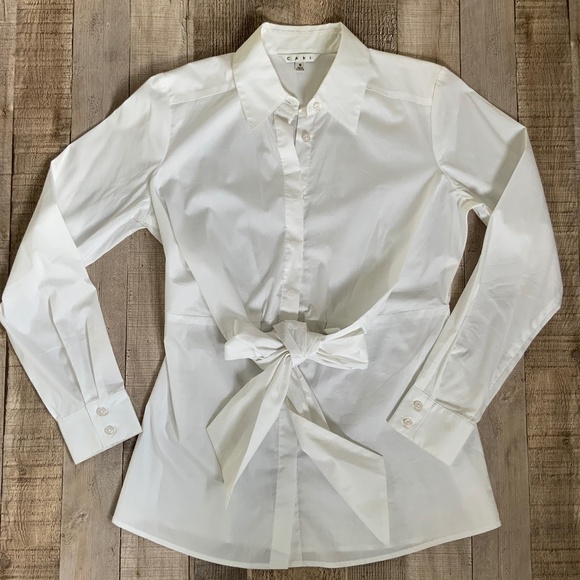 CAbi Ascot Tailored White Cotton Button Front Waist Tie Tunic Blouse SZ S - Picture 8 of 11
